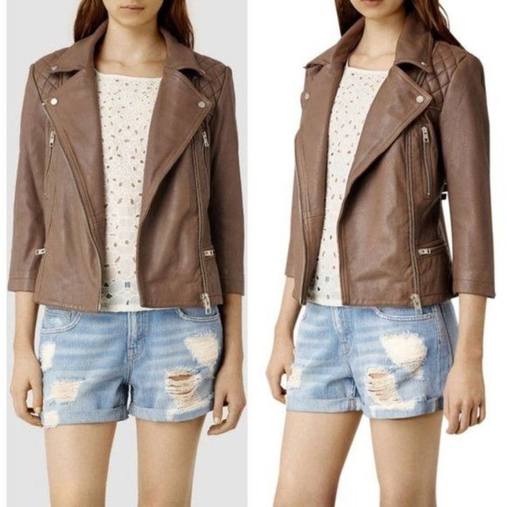 All Saints Taupe-Brown Leather Biker Jacket
